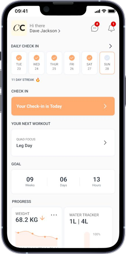 CORE4 coaching app dashboard showing daily check-in, next workout, goal and progress
